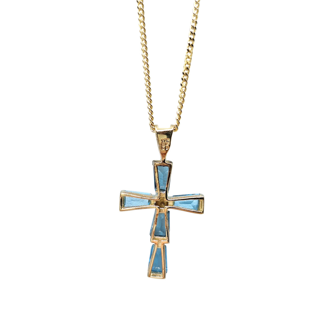 9ct Yellow Gold Blue Topaz & Diamond Cross Pendant and Chain