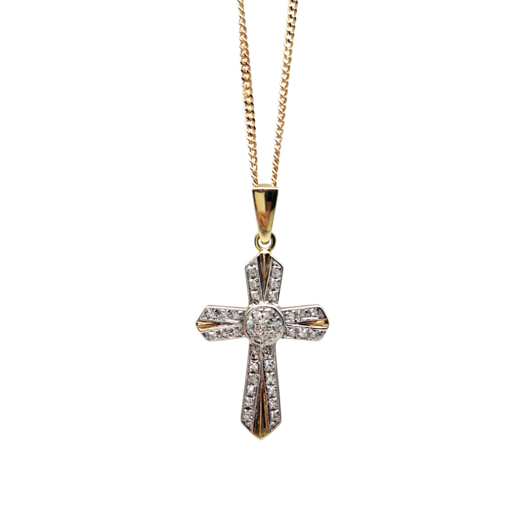 9ct Yellow Gold Diamond Cross Pendant and Chain