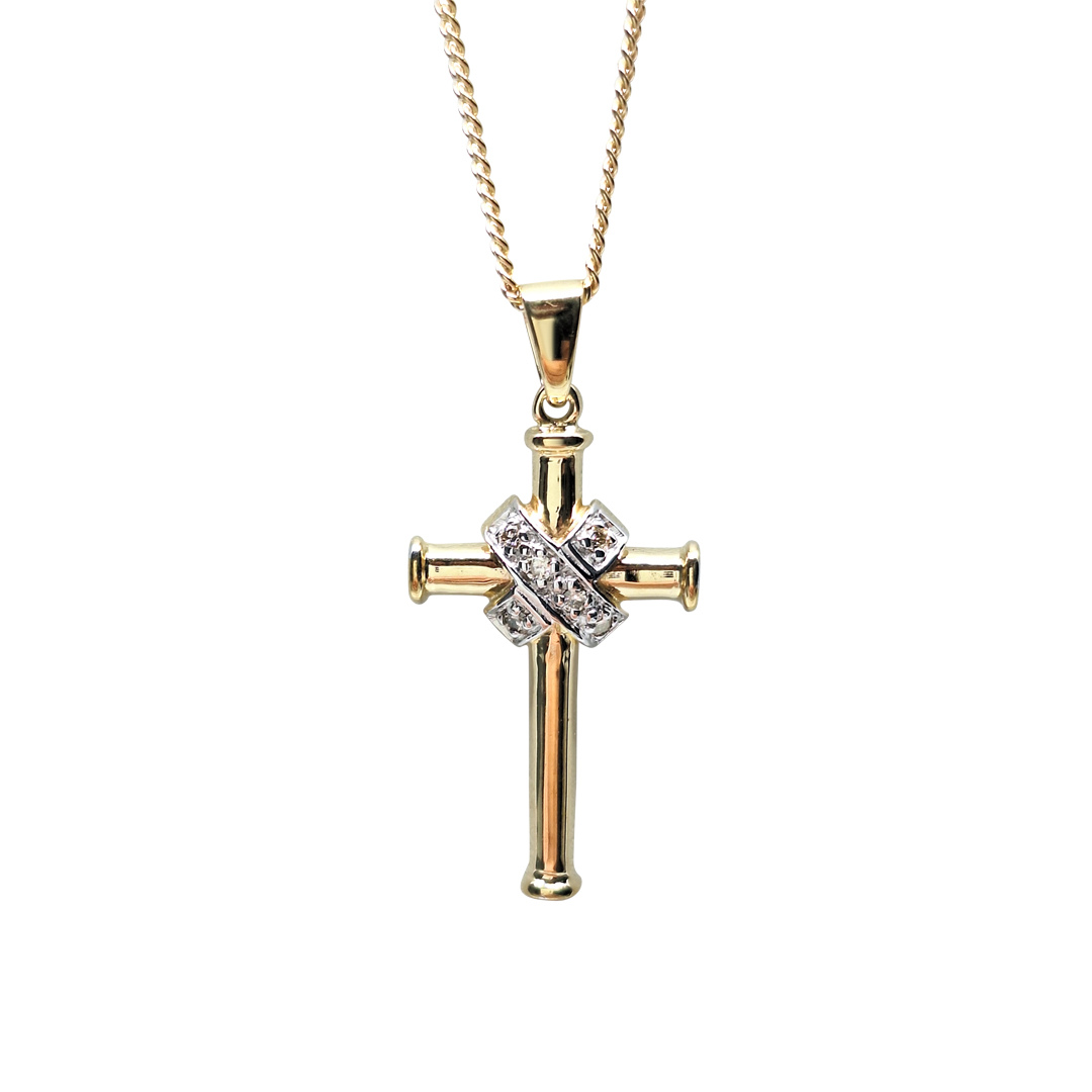 9ct Yellow Gold Diamond Cross and Chain