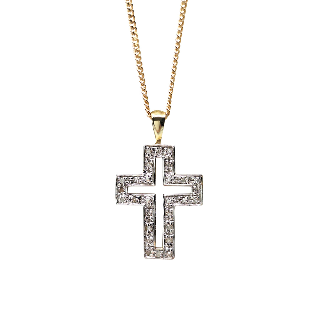 9ct Yellow Gold Diamond Cross & Chain 10 points