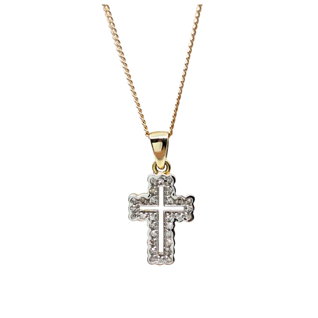 9ct Yellow Gold Diamond Cross Pendant and Chain