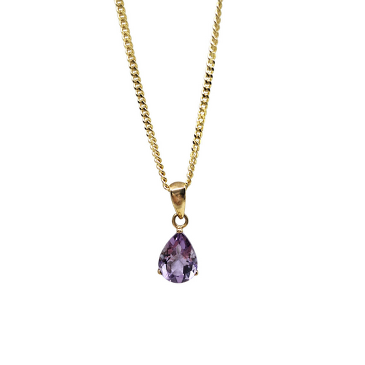 9ct Yellow Gold Pear Shape Amethyst Pendant and Chain