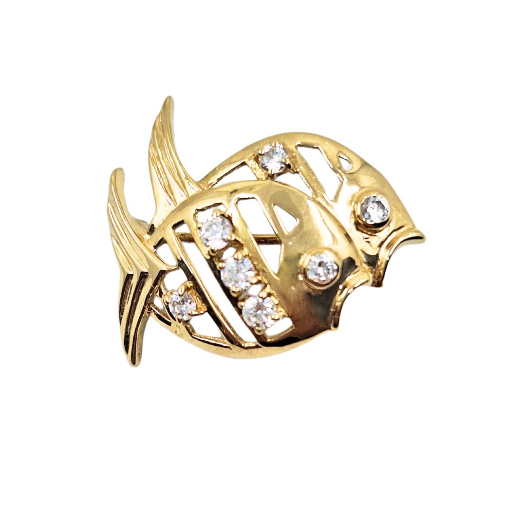 9ct Yellow Gold Cubic Zirconia Fish Brooch