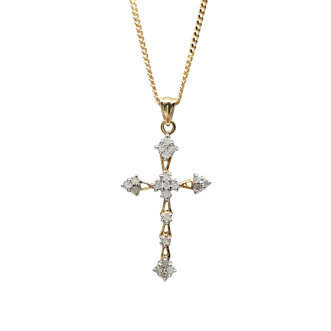 9ct Yellow Gold Diamond Cross & Chain 0.25ct