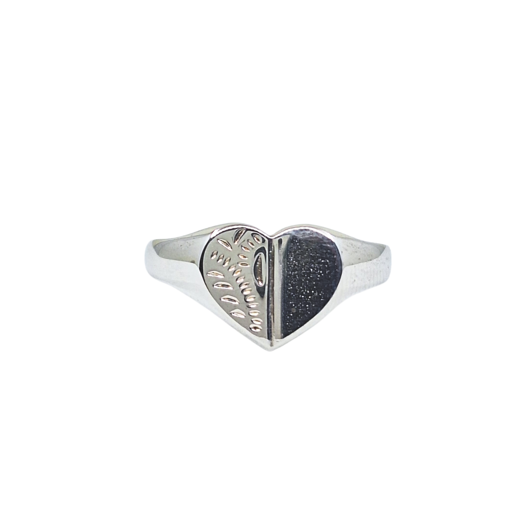 Silver Half Engraved Heart Signet Ring
