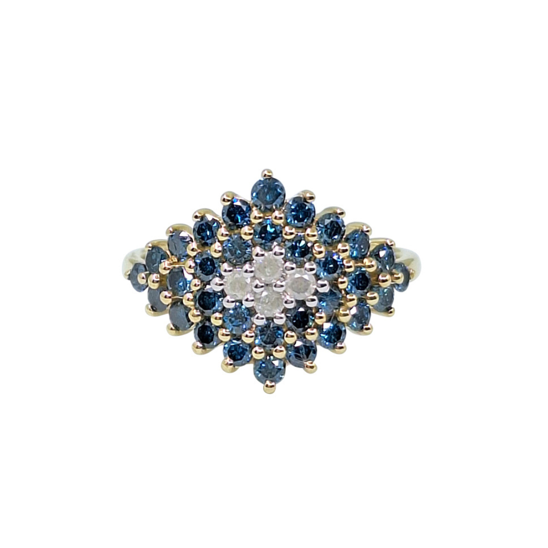 9ct Yellow Gold Blue & White Diamond Cluster Ring