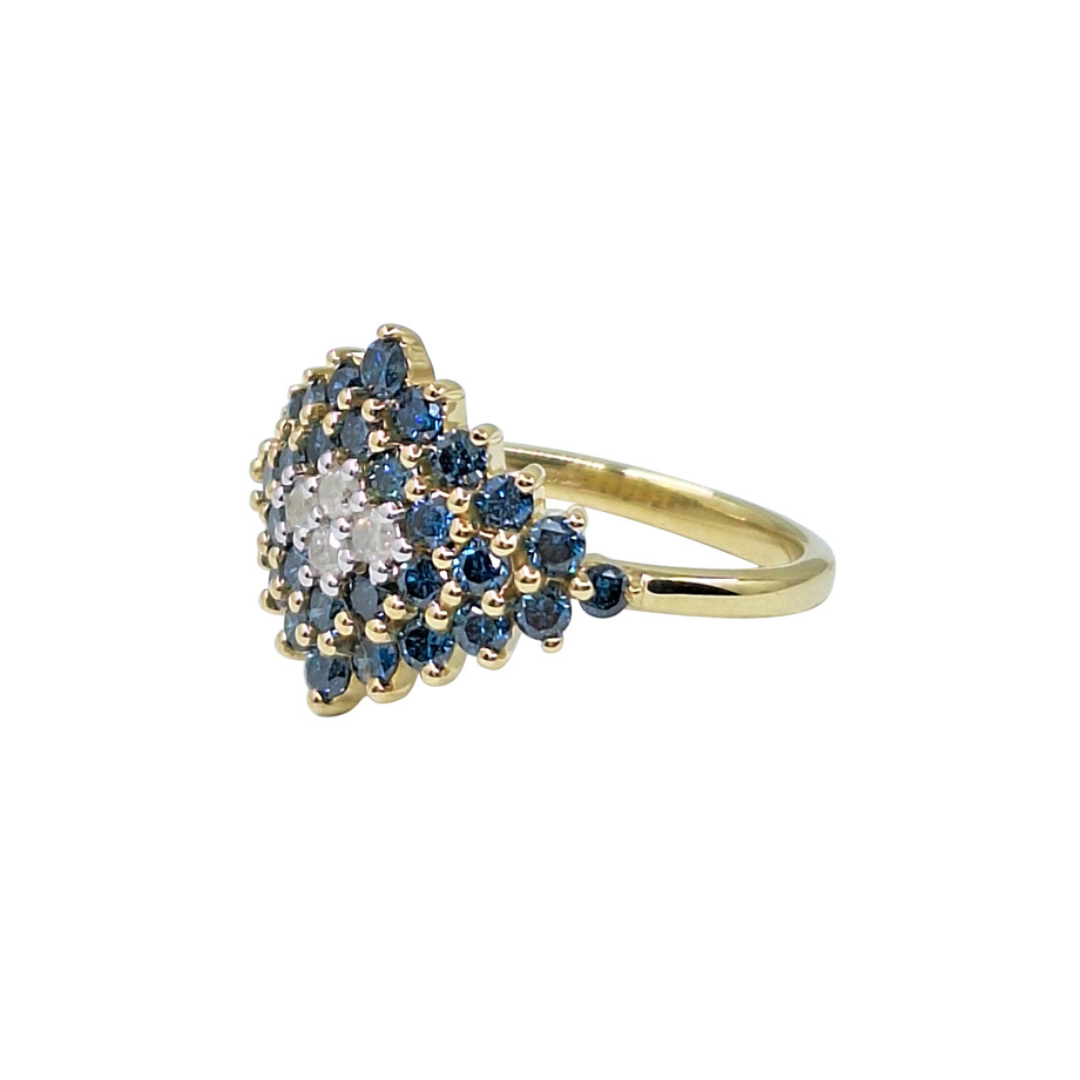 9ct Yellow Gold Blue & White Diamond Cluster Ring