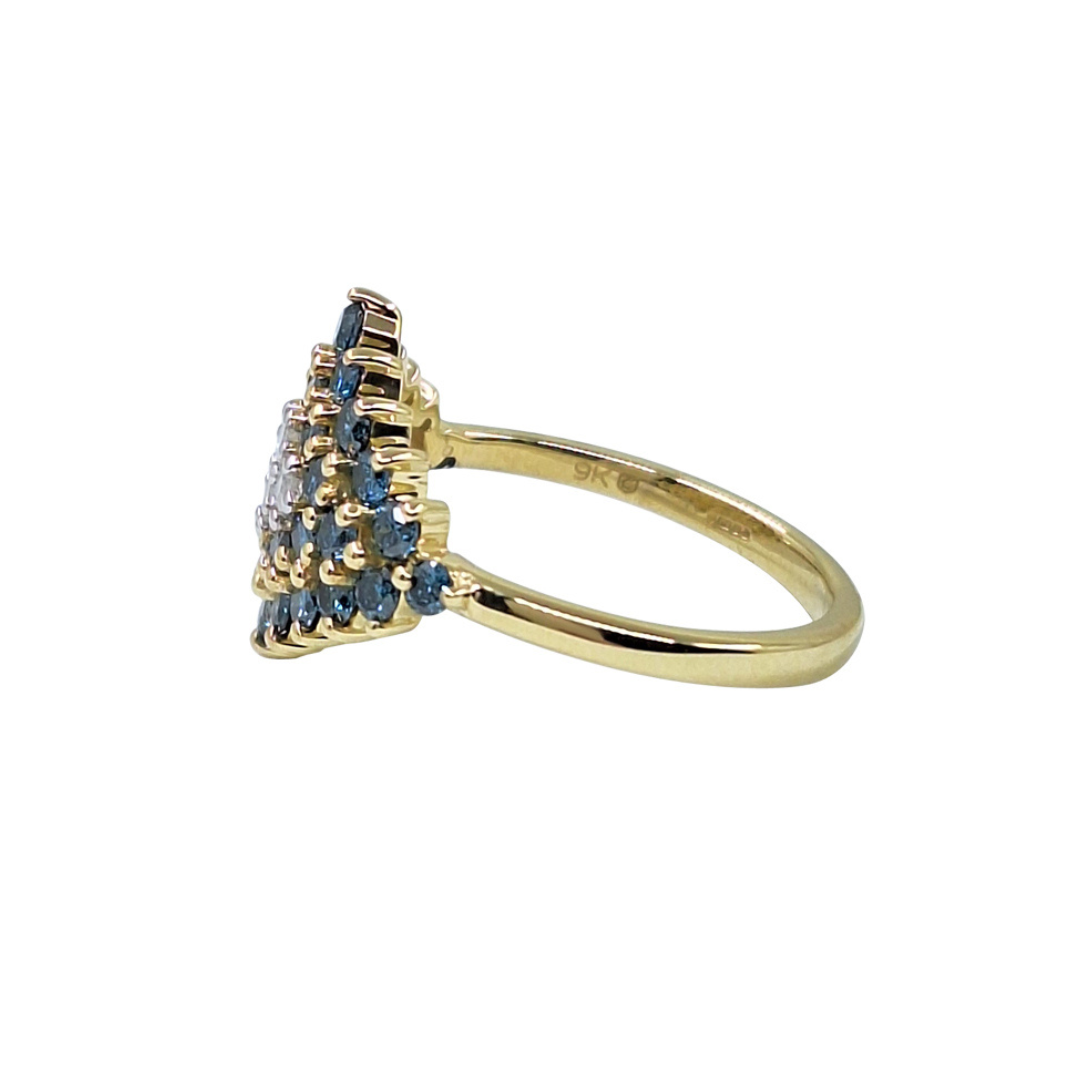 9ct Yellow Gold Blue & White Diamond Cluster Ring