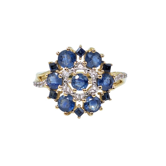 9ct Yellow Gold Sapphire and White Stone Cluster Ring