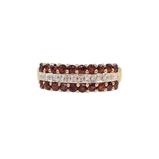 9ct Yellow Gold Garnet & Diamond Band Ring