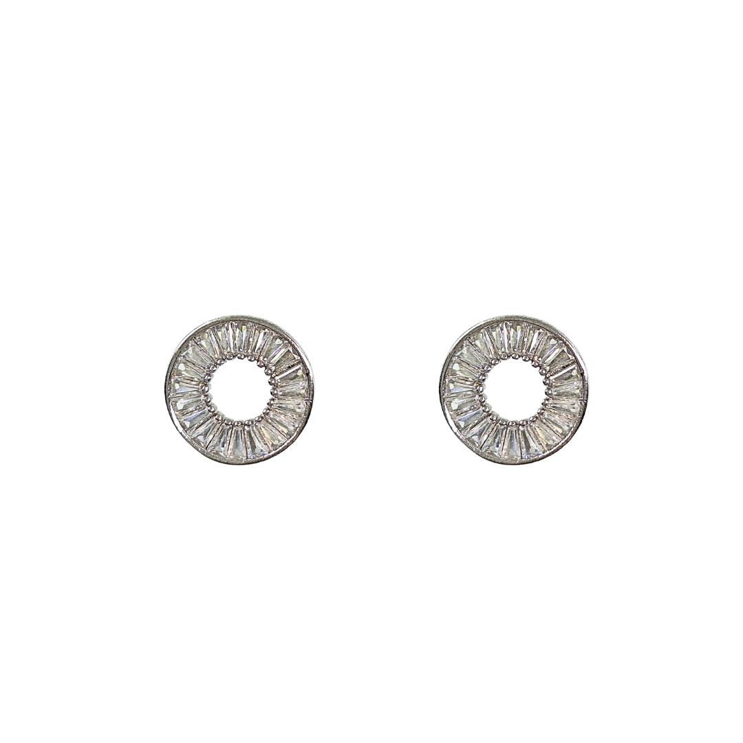 Silver Round Baguette Cubic Zirconia Stud Earrings