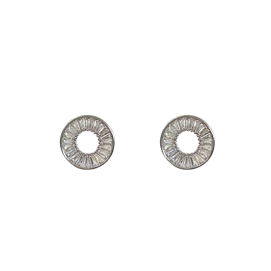 Silver Round Baguette Cubic Zirconia Stud Earrings