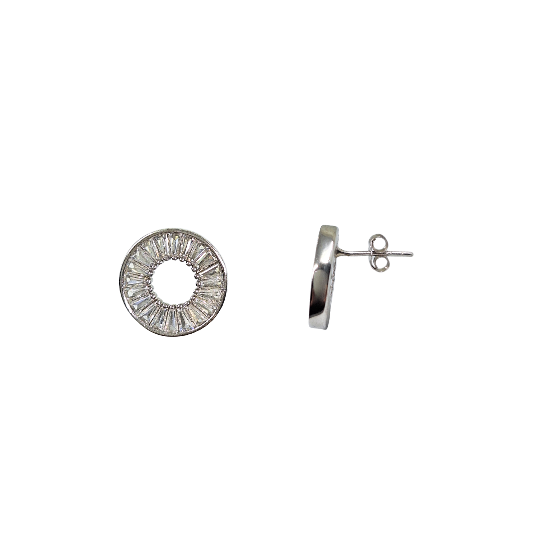 Silver Round Baguette Cubic Zirconia Stud Earrings