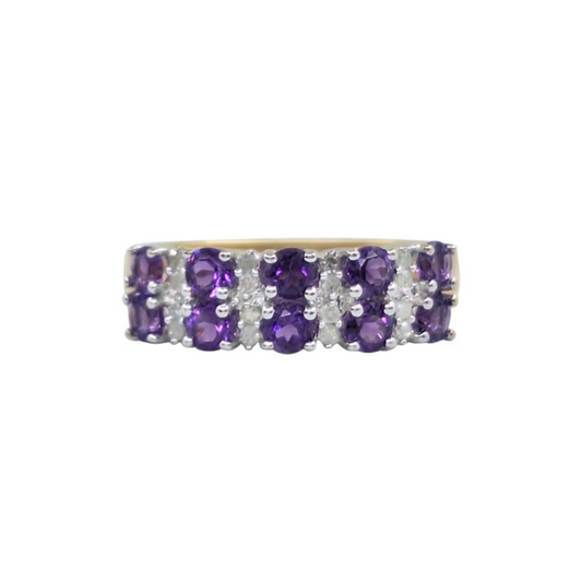 9ct Yellow Gold Amethyst & Diamond 2 Row Band Ring