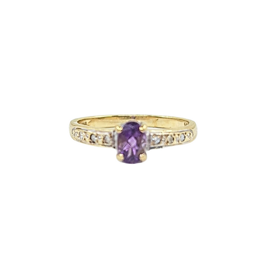 9ct Yellow Gold Amethyst & Diamond Ring