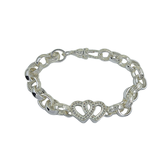 Silver Cubic Zirconia Heart Belcher Bracelet 7.5"