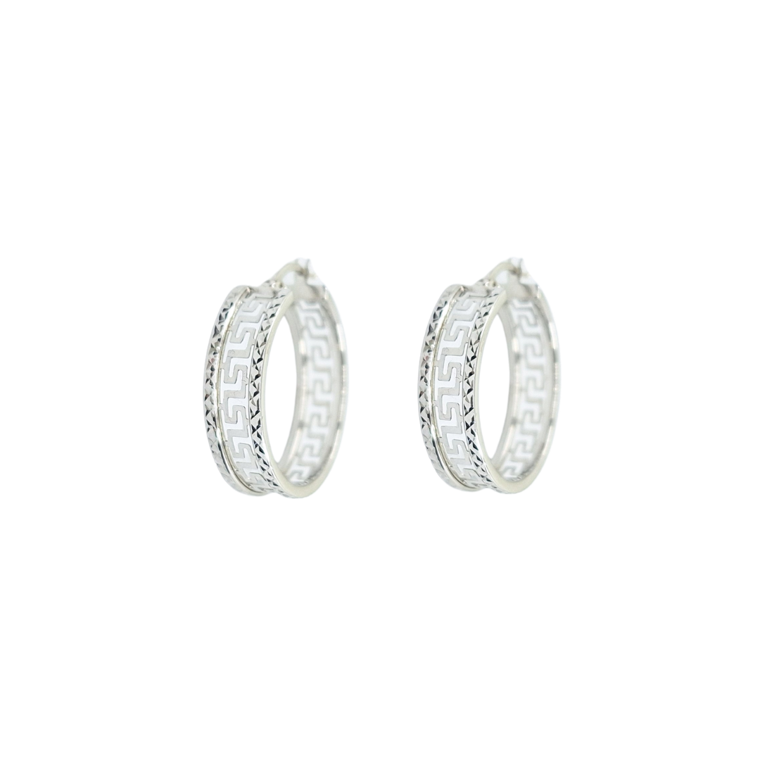 14ct White Gold Greek Key Hoop Earrings