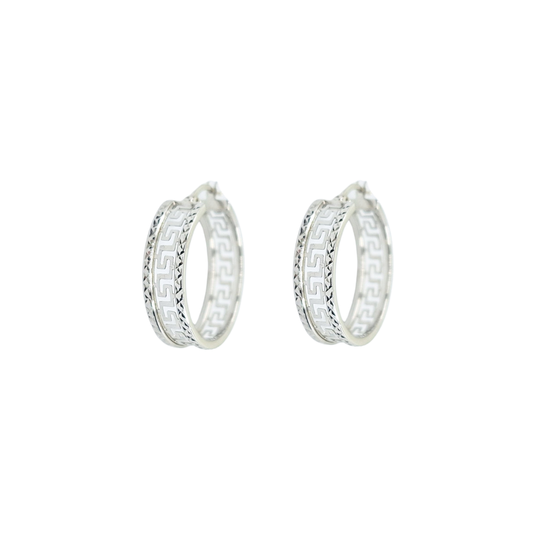 14ct White Gold Greek Key Hoop Earrings