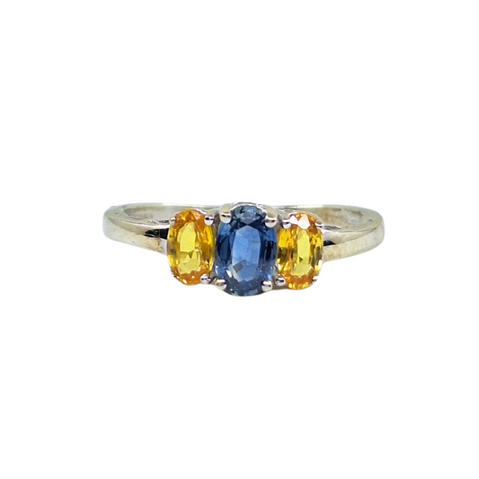 9ct White Gold Blue & Yellow 3 Stone Oval Ring