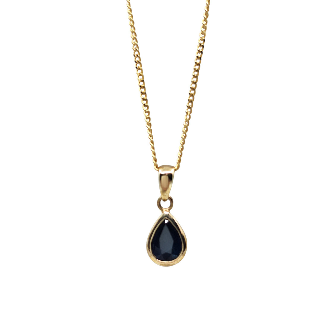 9ct Yellow Gold Pear Shape Blue Sapphire Solitaire Pendant With Chain