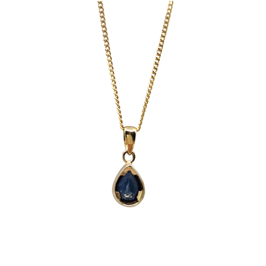 9ct Yellow Gold Pear Shape Blue Sapphire Solitaire Pendant With Chain