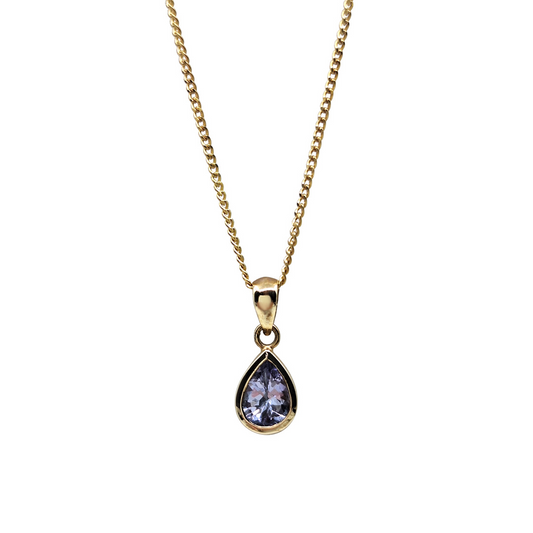 9ct Yellow Gold Pear Shape Tanzanite Pendant & Chain