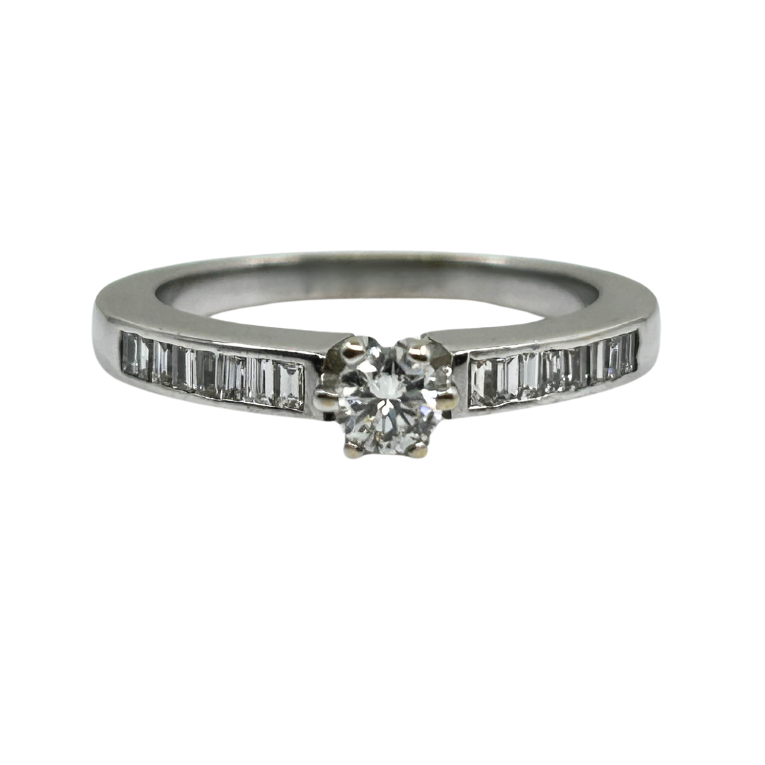 18ct White Gold Diamond Solitaire Ring With Baguette Diamond Shoulders