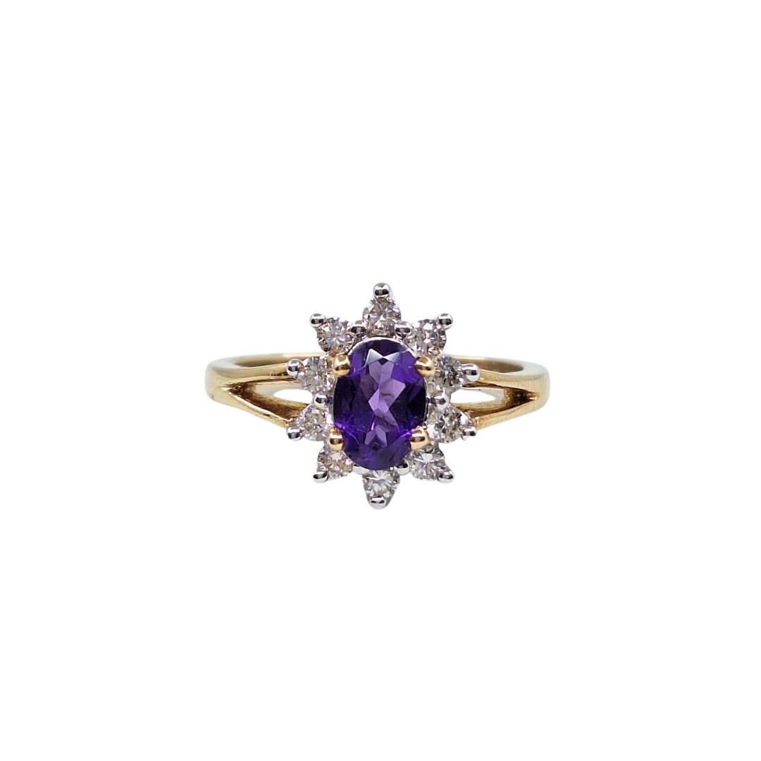 9ct Yellow Gold Amethyst & Diamond Cluster Ring