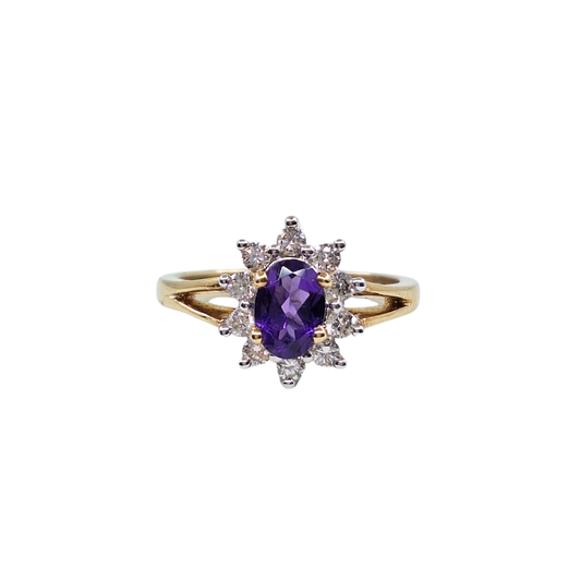 9ct Yellow Gold Amethyst & Diamond Cluster Ring