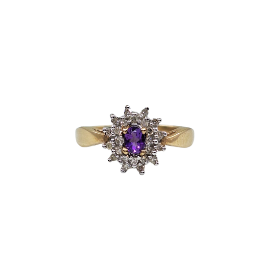 9ct Yellow Gold Amethyst & Diamond Cluster Ring