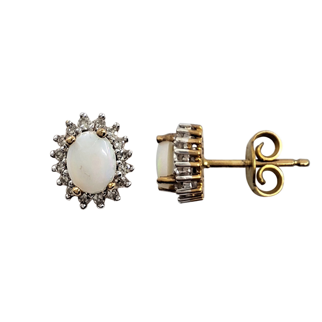 9ct Yellow Gold Opal & Diamond Cluster Stud Earrings