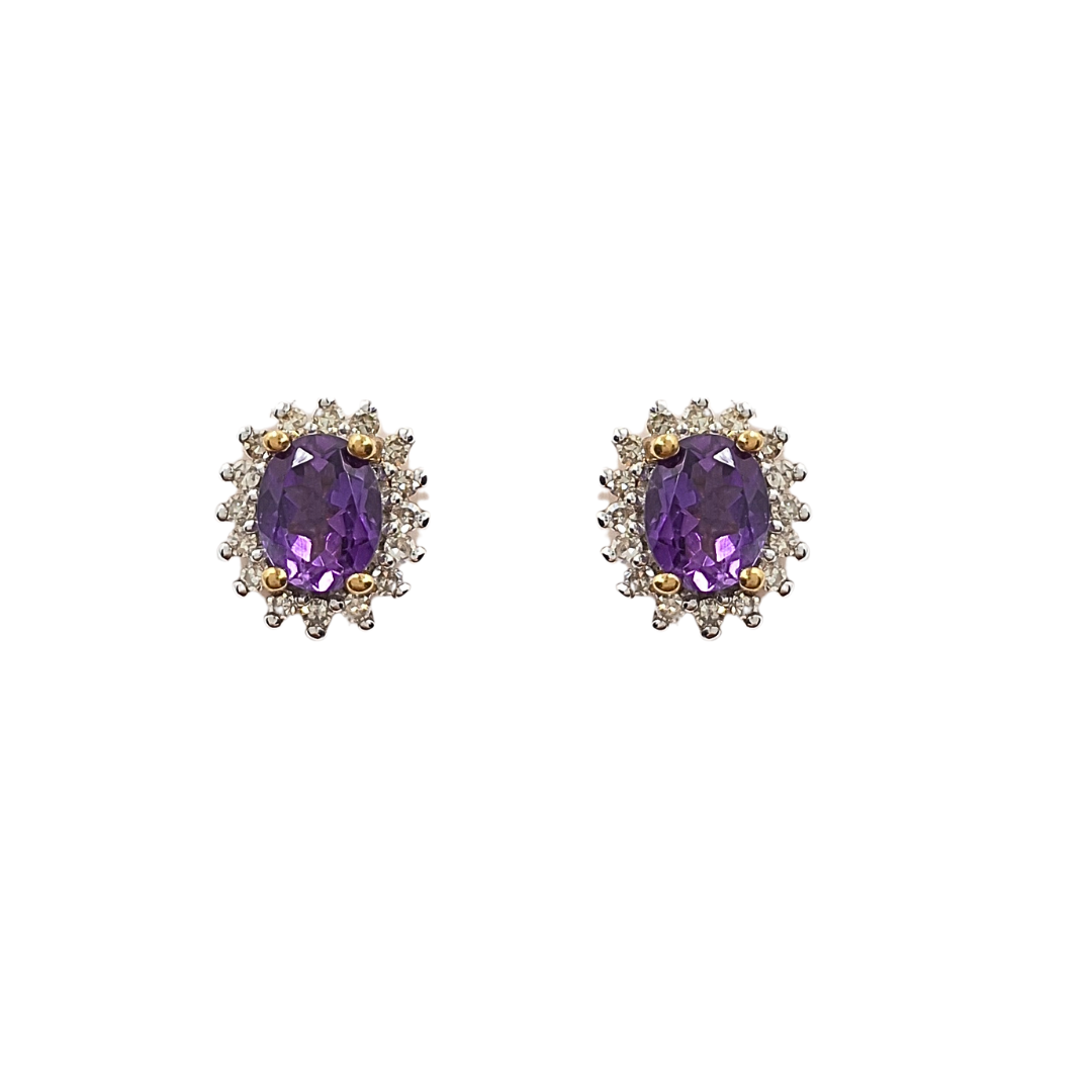 9ct Yellow Gold Amethyst & Diamond Cluster Stud Earrings