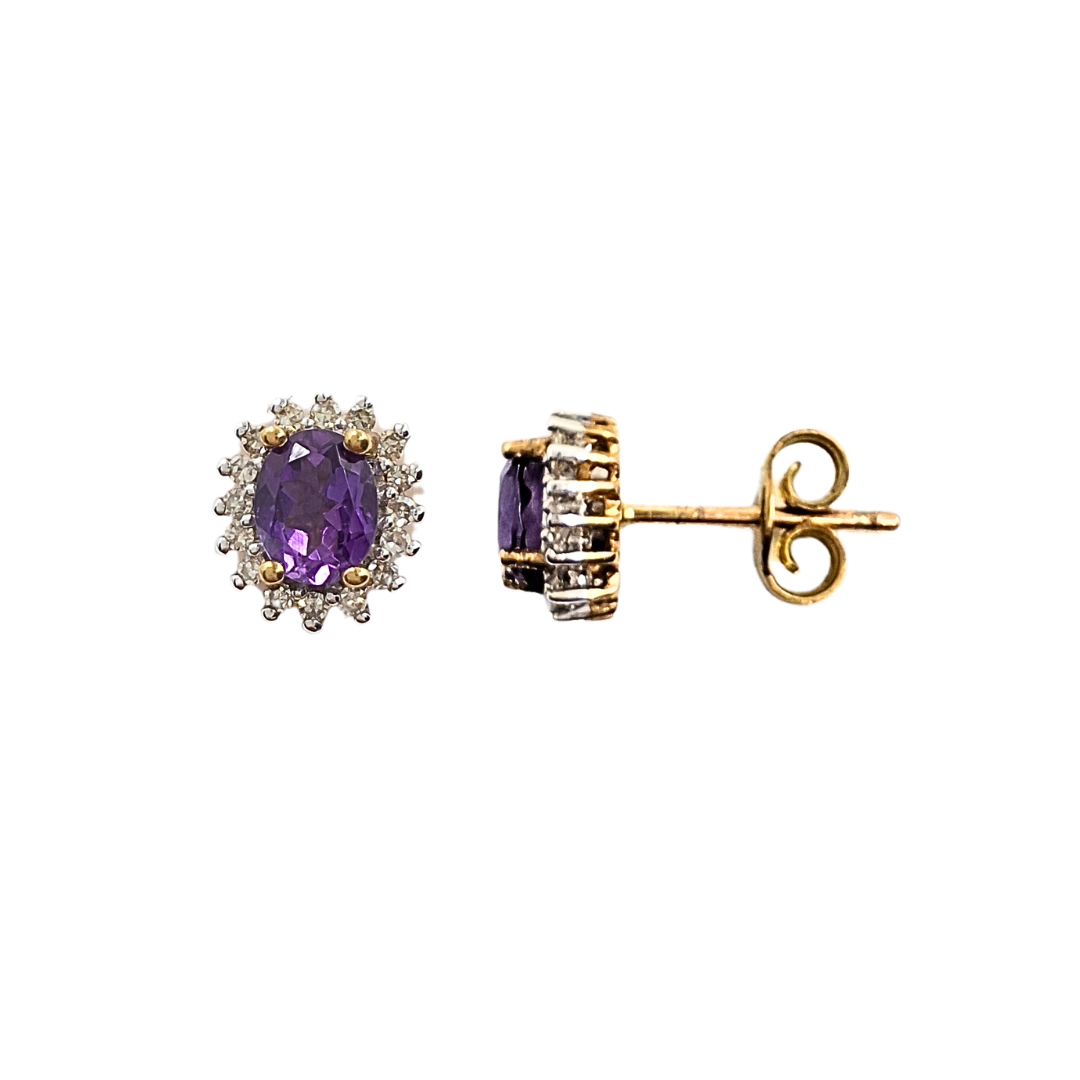 9ct Yellow Gold Amethyst & Diamond Cluster Stud Earrings