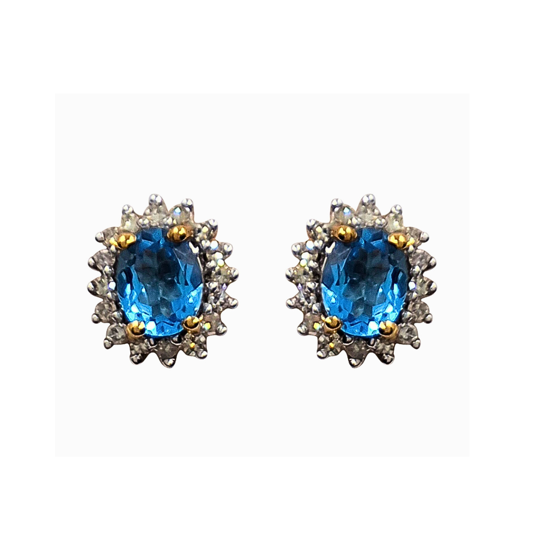 9ct Yellow Gold Blue Topaz and Diamond Cluster Studs