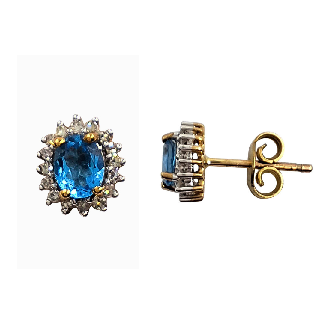 9ct Yellow Gold Blue Topaz and Diamond Cluster Studs