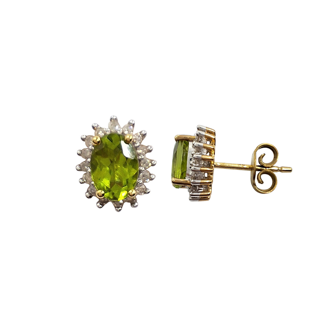 9ct Yellow Gold Peridot & Diamond Cluster Stud Earrings