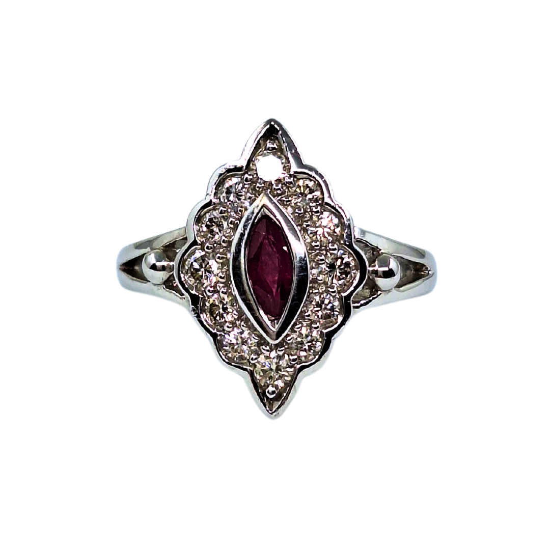 9ct White Gold Marquise Ruby and Diamond Cluster Ring