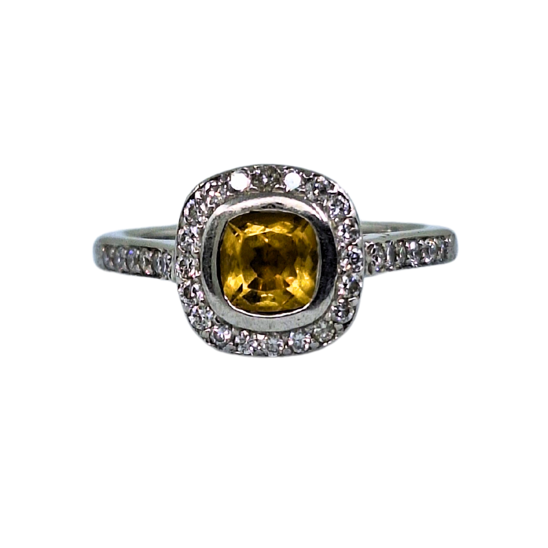 18ct White Gold Citrine and Diamond Halo Cluster Ring