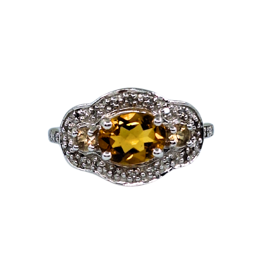 9ct White Gold Citrine and Diamond Cluster Ring