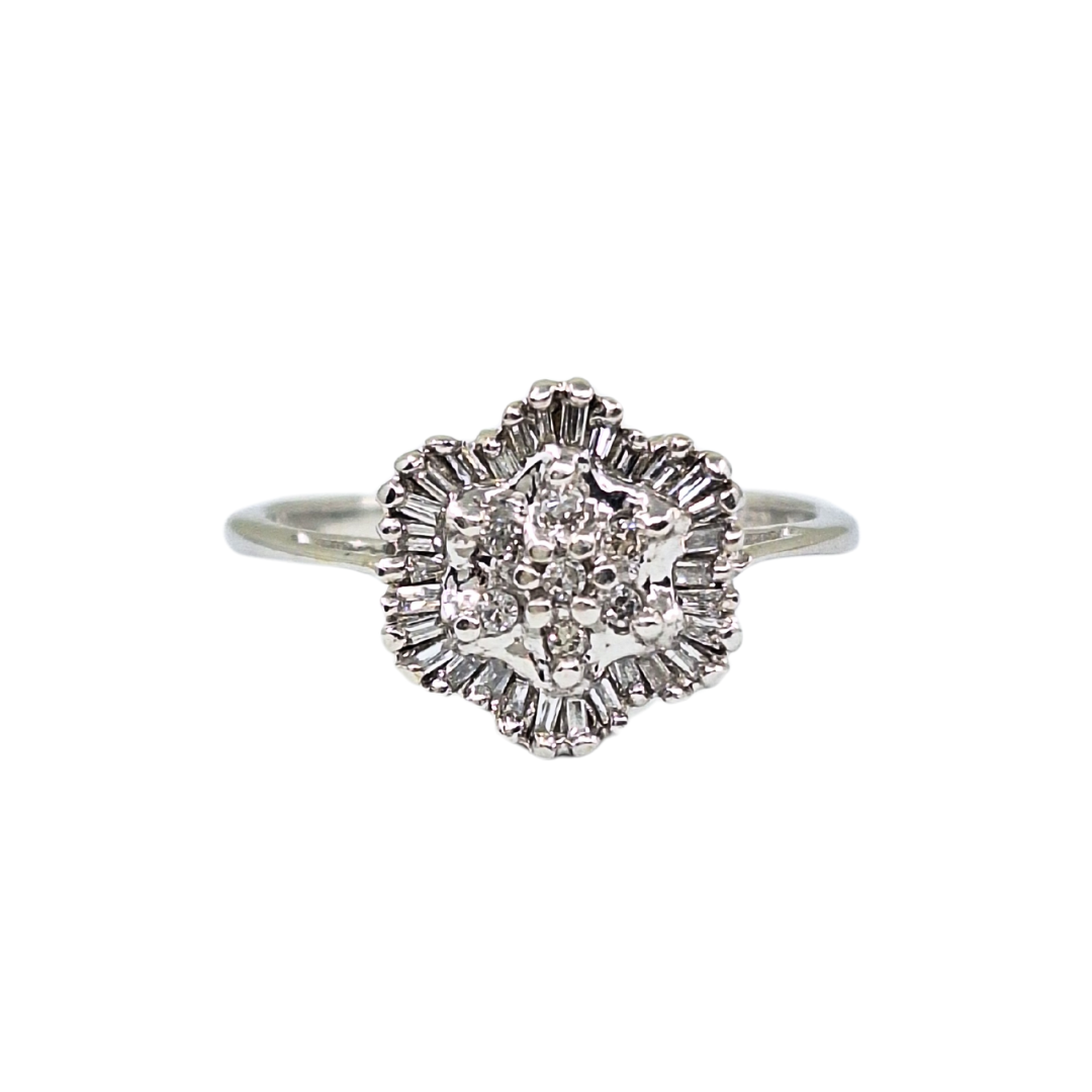 9ct White Gold Baguette & Round Diamond Cluster Ring