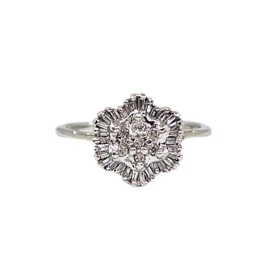 9ct White Gold Baguette & Round Diamond Cluster Ring