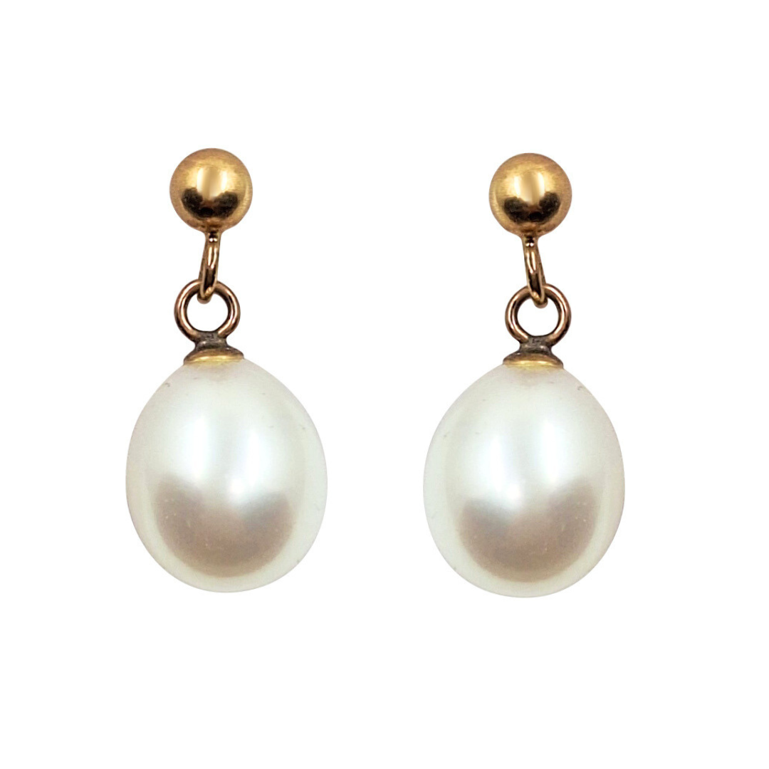 9ct Yellow Gold White Pearl Drop Earrings