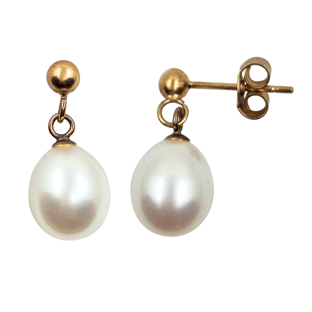 9ct Yellow Gold White Pearl Drop Earrings