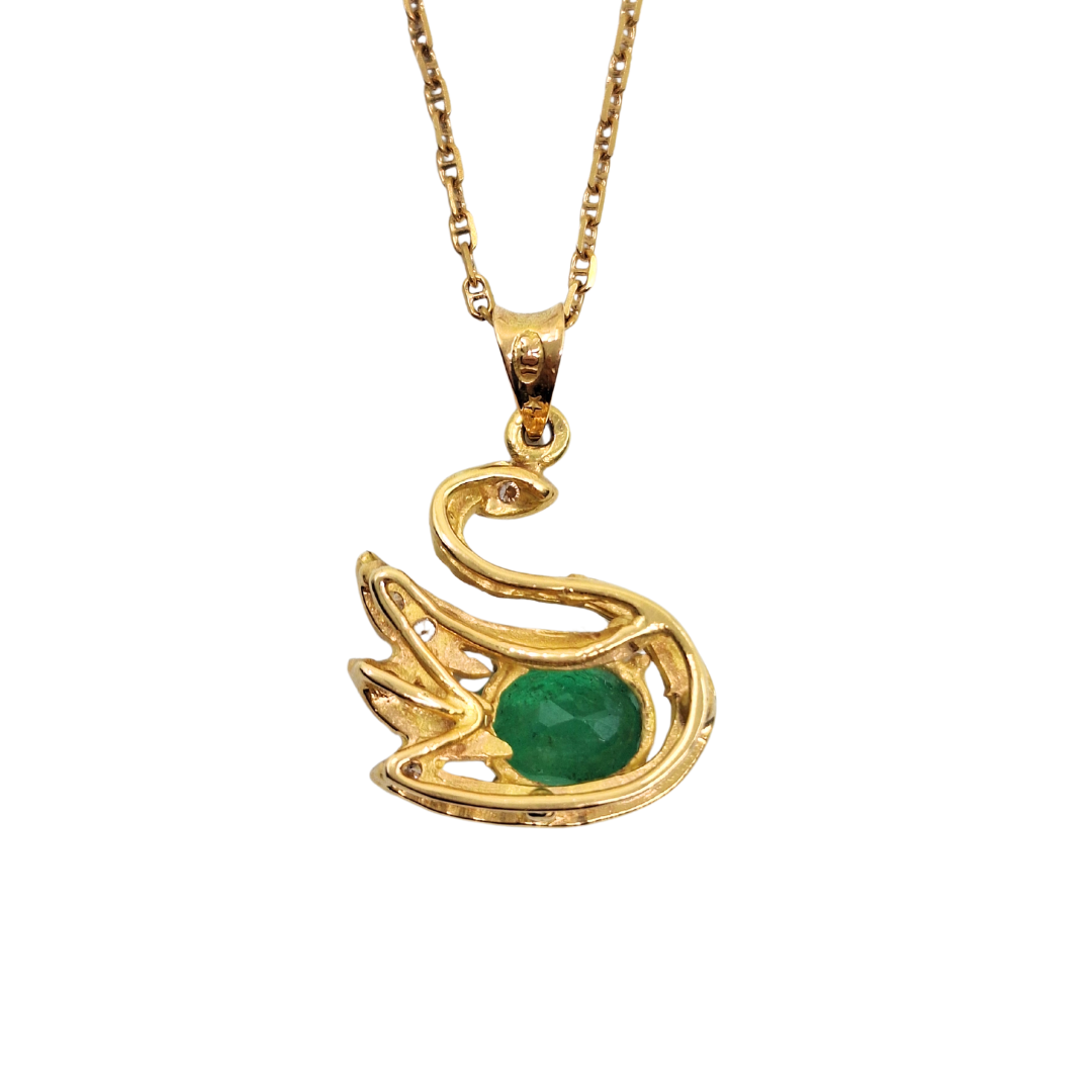 18ct Yellow Gold Emerald & Diamond Swan Pendant