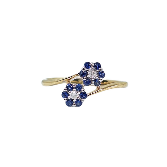 9ct Yellow Gold Sapphire & Diamond 2 Flower Cluster Ring