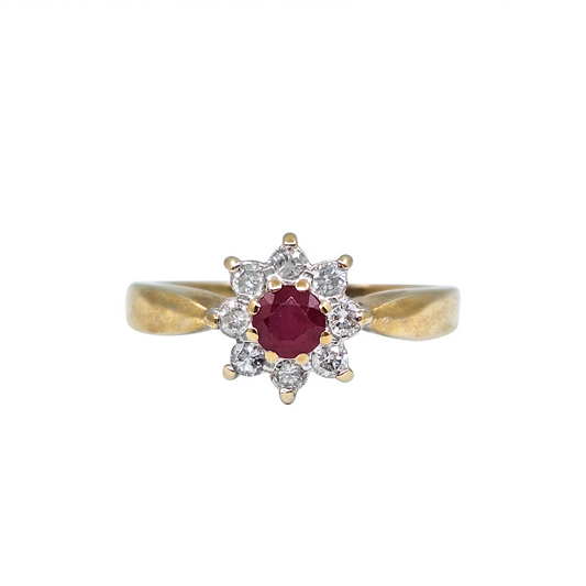 9ct Yellow Gold Ruby & Diamond Cluster Ring