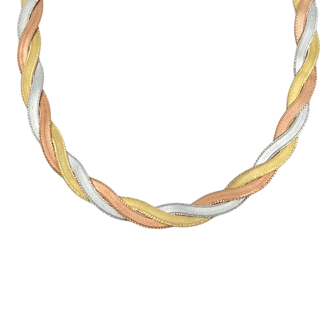 9ct Three Colour Herringbone Necklace 16"