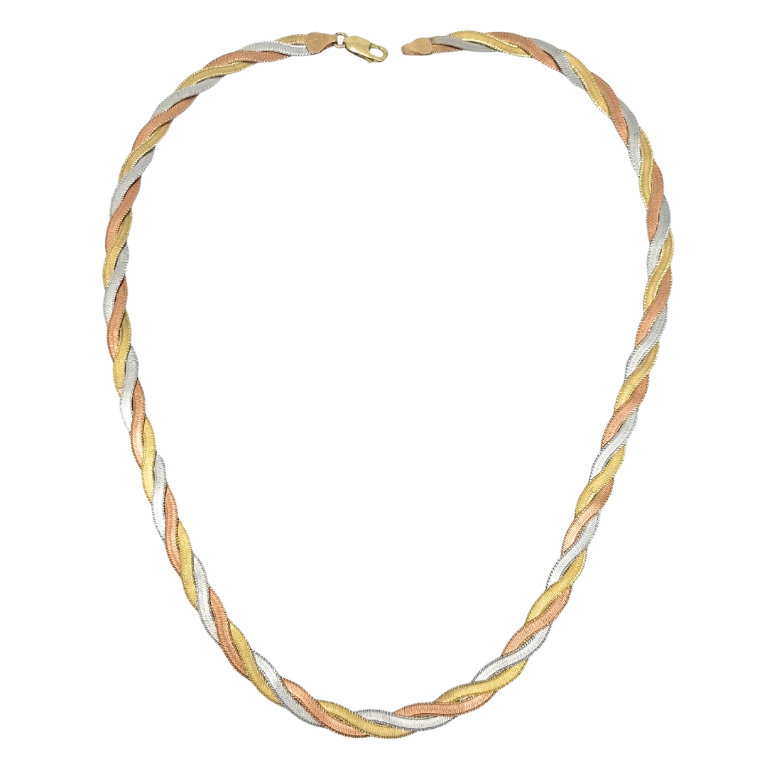 9ct Three Colour Herringbone Necklace 16"