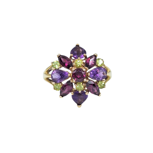 9ct Gold Amethyst & Peridot Cluster Ring