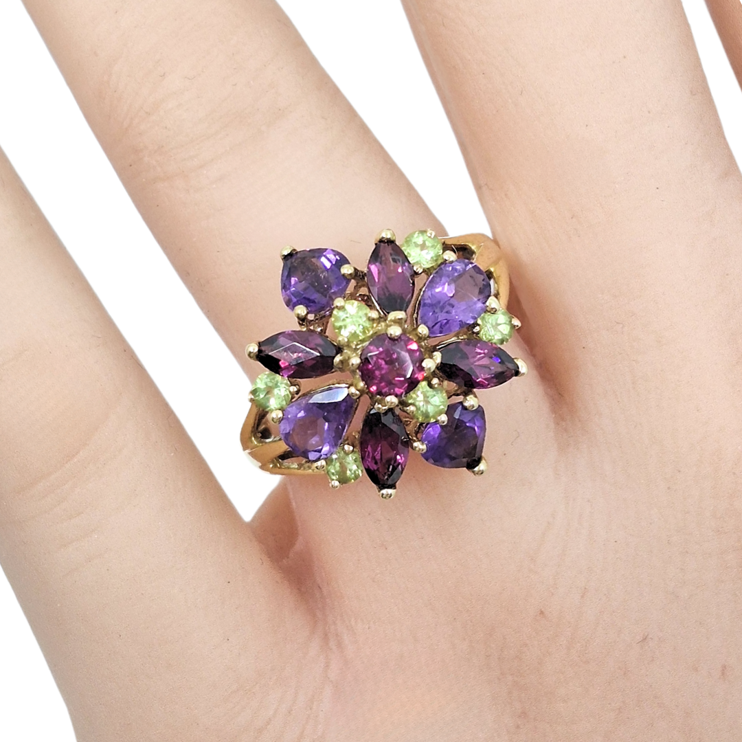 9ct Gold Amethyst & Peridot Cluster Ring